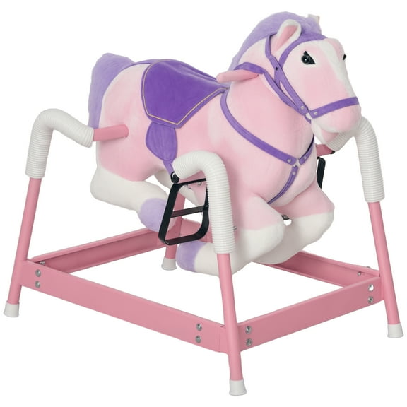 Spring Rocking Horse, Kids Ride on Horse, Plush Horse Ride-on with Sounds & Foot Stirrups, Saddle for Kids 3-8 Years, Pink