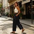 thumbnail image 5 of Women's Boho Polka Dot Trousers Summer Cotton Linen Elastic Waist Barrel Pants Loose Fit Casual Beach Pants Black M, 5 of 6
