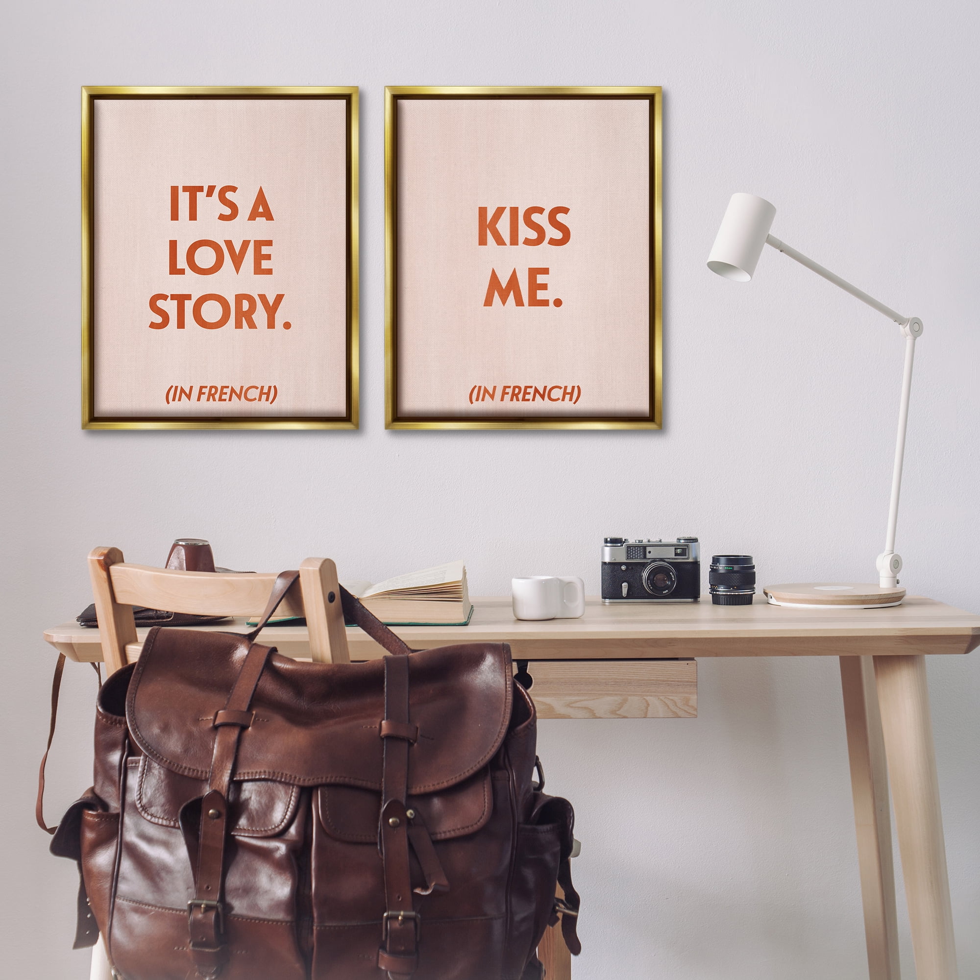 Stupell Industries Modern Love Story Kiss Text & Numbers Painting Gold Floater Framed Canvas Art Print Wall Art, 31 x 25, Set of 2