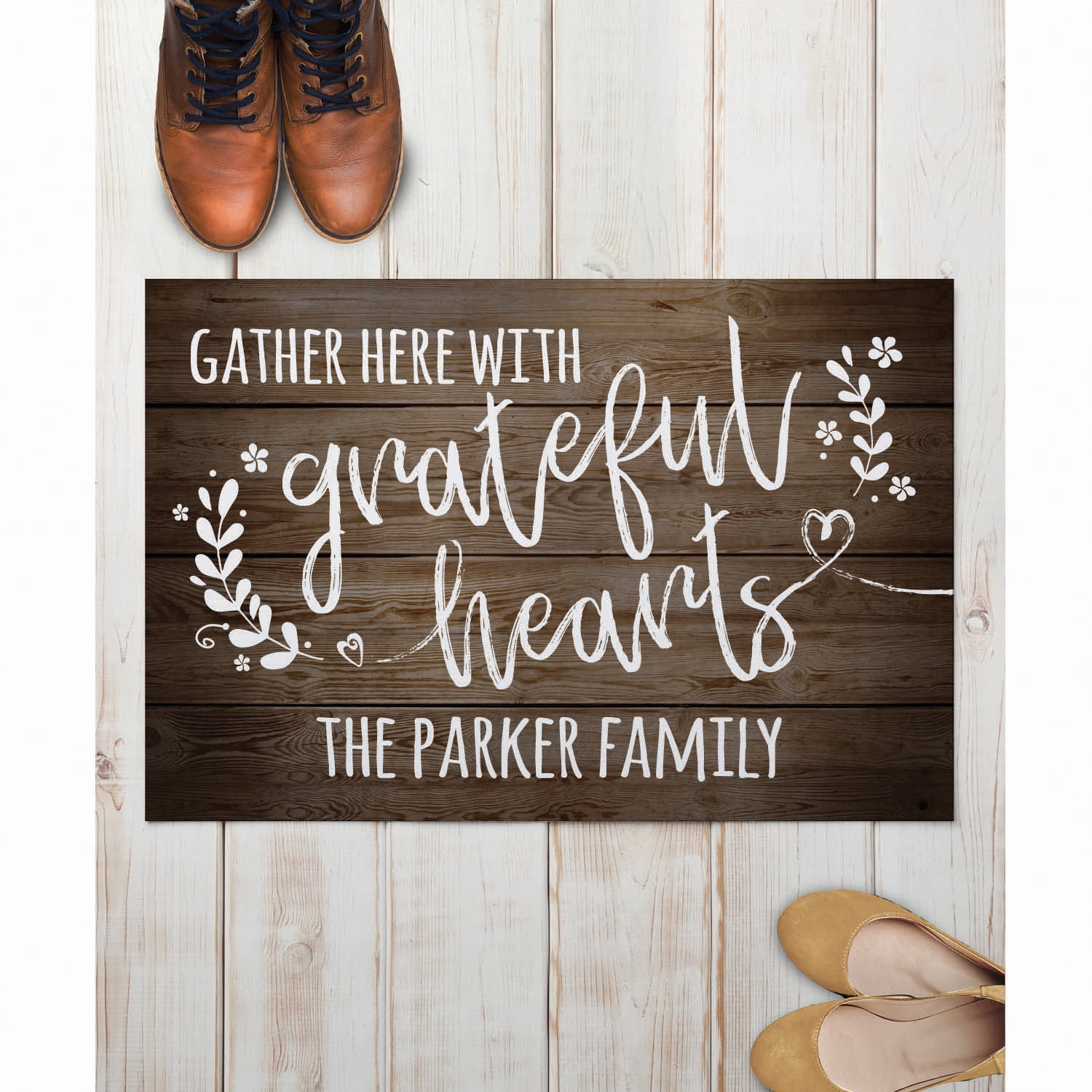 Personalized Planet 27x18 Gather Here With Grateful Hearts Doormat with Custom Family Name Printed on Brown Rectangular 1/4” Thick Non Slip Mat for Kitchen Hallway Deck or Porch