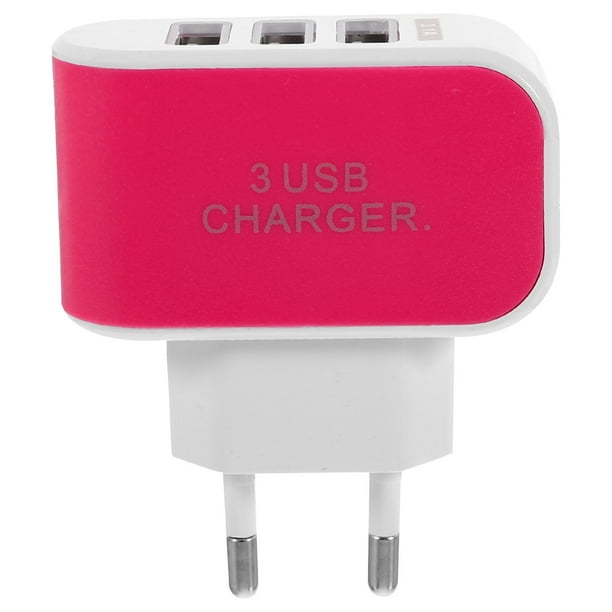 Cargador universal de pared con 3 puertos USB y LED, con enchufe europeo (rosa y rojo)
