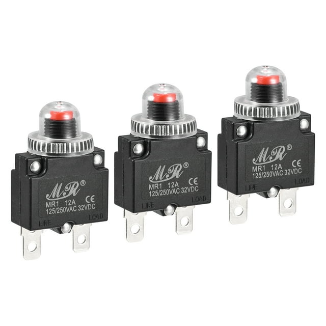 Unique Bargains Circuit Overload Protector 12A AC125/250V DC32V Push Button Thermal Circuit Breaker with Waterproof Caps 3pcs