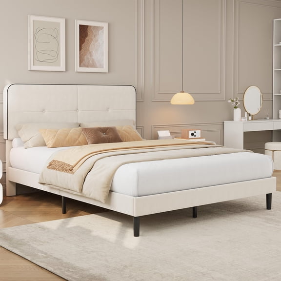 Queen Size Bed Frame with Headboard | Fabric Upholstered Adjustable Headboard, Sturdy Metal & Wood Support, No Box Spring Needed, Modern Minimalist Design, Bedroom