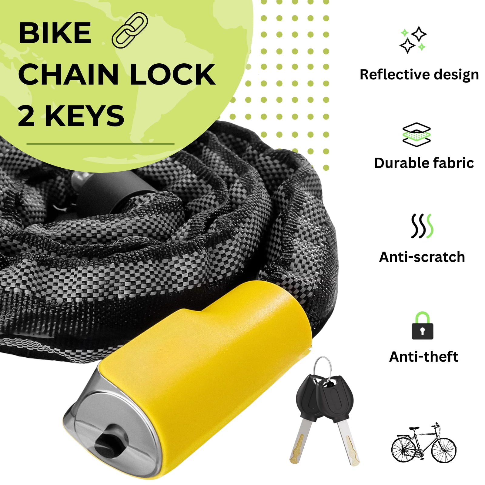Bike Chain Lock with 2 Keys, 3 Feet Security Long 8mm Steel Chain Heavy Duty Anti-Theft Bicycle Chain Lock for Bike,Tirke, Motorcycle,Scooters, Door, Gate, Fence