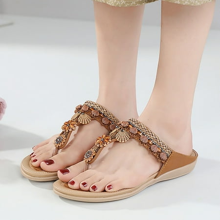

〖Yilirongyumm〗 Brown 40 Sandals Women Sandals Flip Flops For Women With Arch Support Comfort Slip On Casual Bohemia Beach Rhinestone Sandal Ladies Travel Walking Flats Shoes