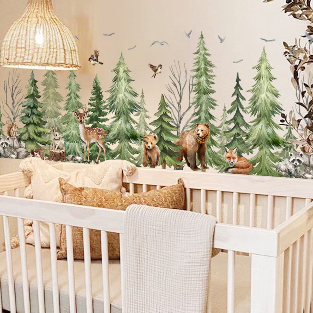 Watercolor Pine Tree Animals Wall Stickers Woodland Forest Tree Fox Deer Bear Wall Decals Peel and Stick Baby Nursery Bedroom Living Room Wall Decor