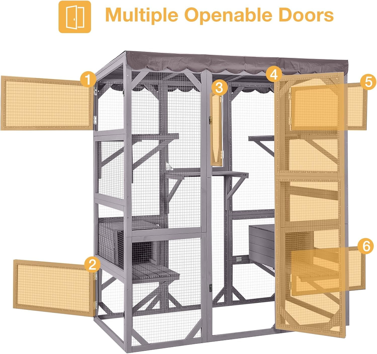 MEDEHOO Outdoor Catio Cat Enclosure, Walk-in Cat House with 7 Jumping Platforms & Weatherproof Asphalt Roof, Large Cat Cage with 2 Napping Houses, Gray 70"H