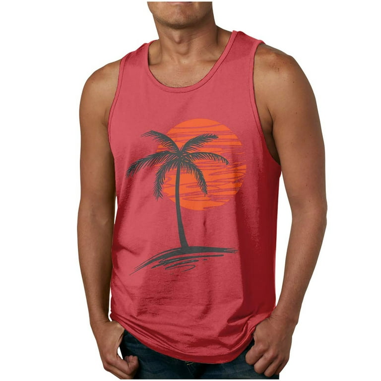 Mens Sleeveless Tank Tops Workout Gym Shirts Palm Tree Vintage Style  T-Shirt,Hawaiian Tank Tops for Men Hawaii,Men Summer Surf Tank Tops 