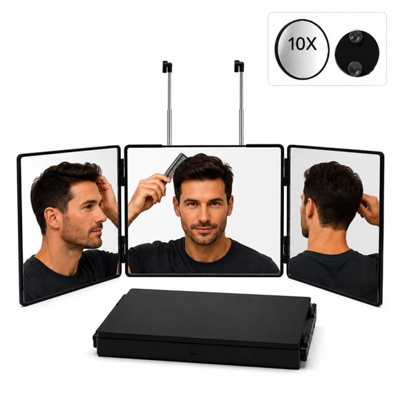 Efoee 3 Way Mirror for Hair Cutting,Foldable Makeup Mirror,Rechargeable 360°,10X Magnifier,for Makeup and Styling,Black