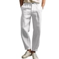 thumbnail image 2 of Men's Cotton Linen Elastic Waist Solid Color Casual Pants, Breathable Comfortable Trousers for Daily Relaxation and Wear,White,M, 2 of 6