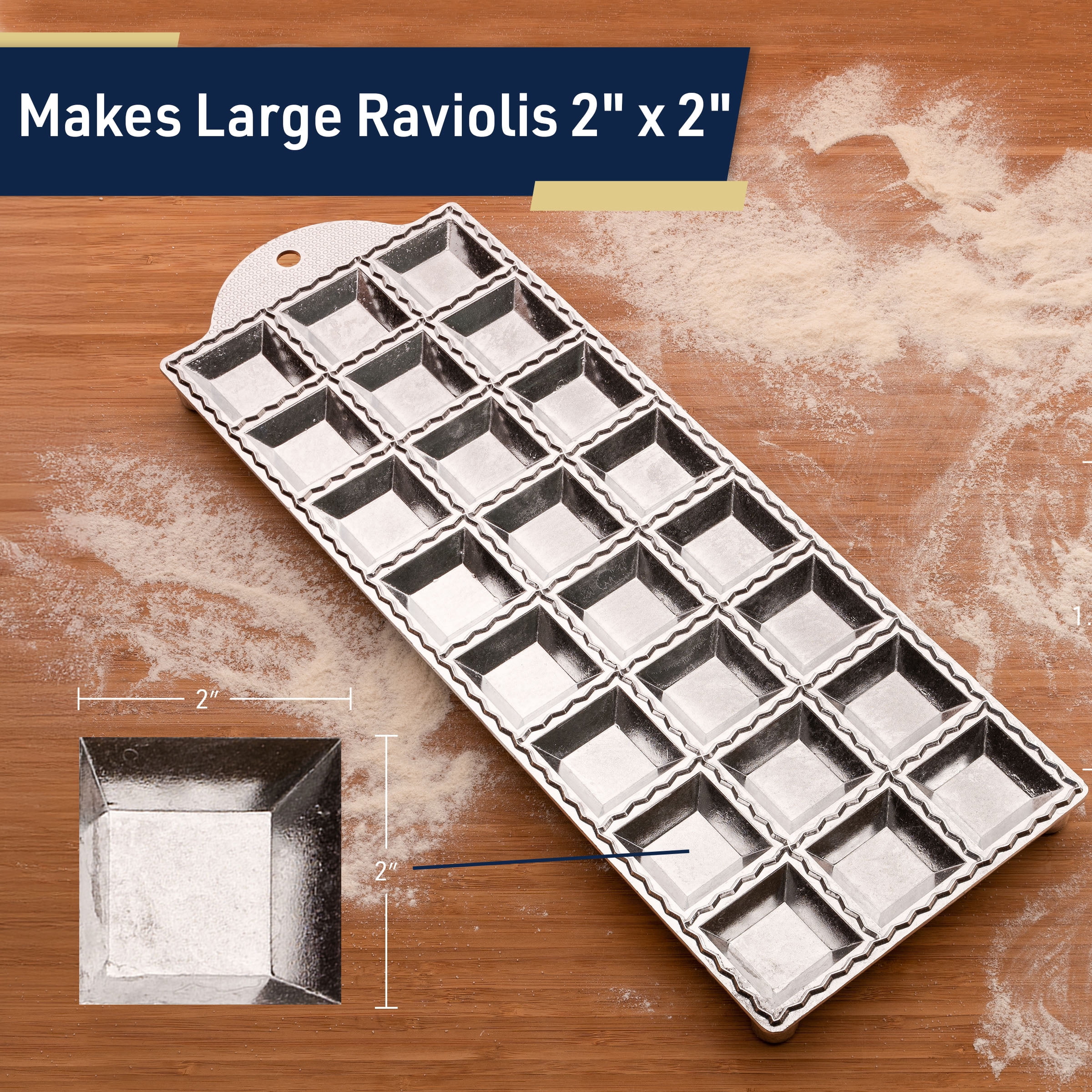 Kings County Tool Square Ravioli Maker Mold | Produce 2” Square Shape | Easy to Use | Wooden Pasta Roller Included | Non-Slip Rubber Foot Insert | Kitchen Necessity | Made in Italy