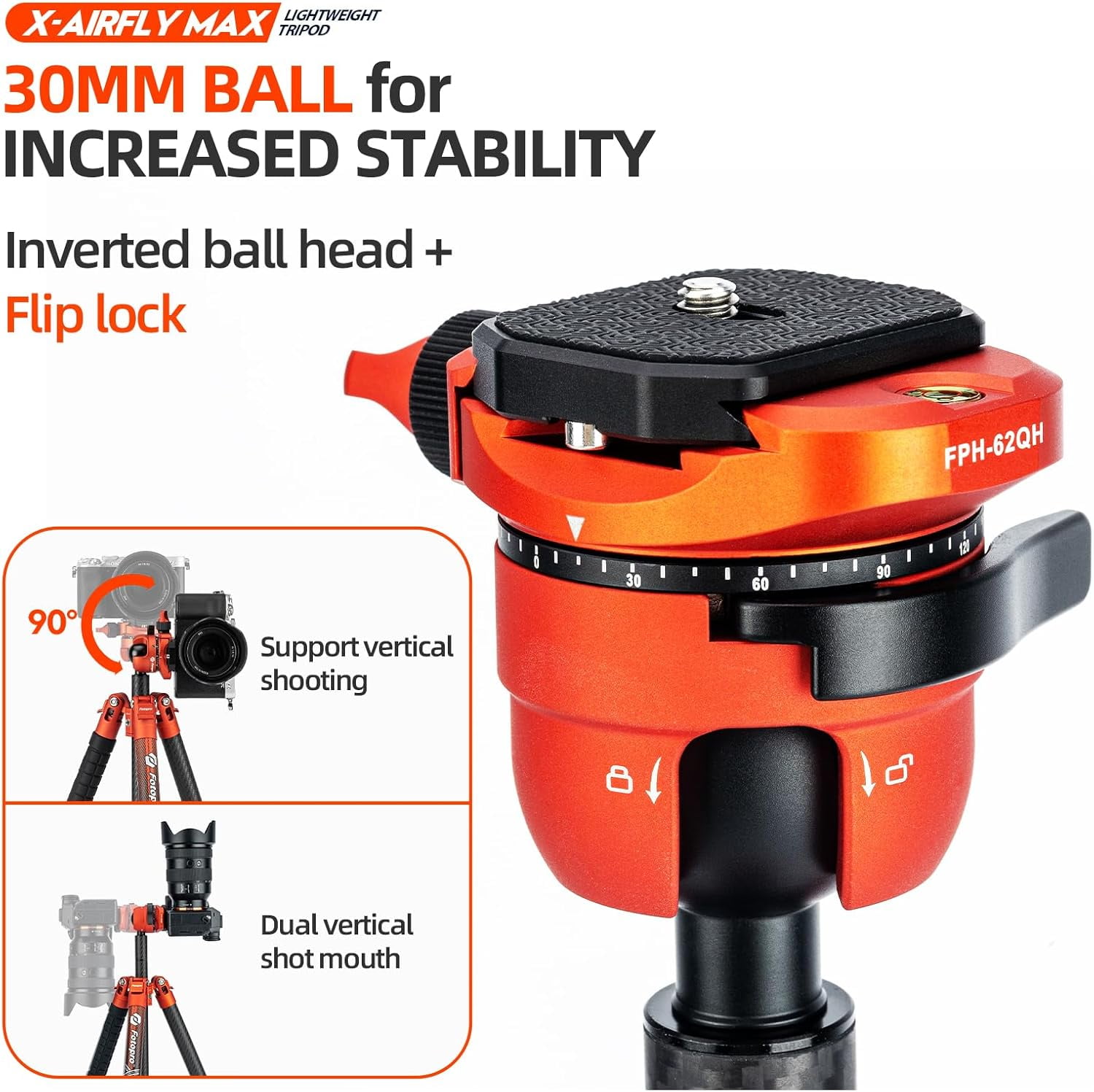 Fotopro X-Airfly Max 65.4" Carbon Fiber Ball Head Tripod, Detachable Monopod, Lightweight Compact Camera Tripod Stand for Travel, Low Angel Shooting, Hidden Phone Clip, Max Load 22 lbs, Orange
