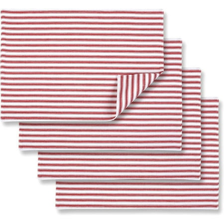 

Red and White Ticking Stripe Placemats 13 x 19 Inches Woven Cotton Reversible Set of 4
