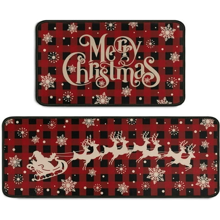 

Buffalo Plaid Snowflake Elk Christmas Sleigh Decorative Kitchen Rug Set of 2 Non-Slip Washable Kitchen Floor Mats for Winter Home Kitchen Christmas Decor Red and Black Plaid 17x30+17x47inch