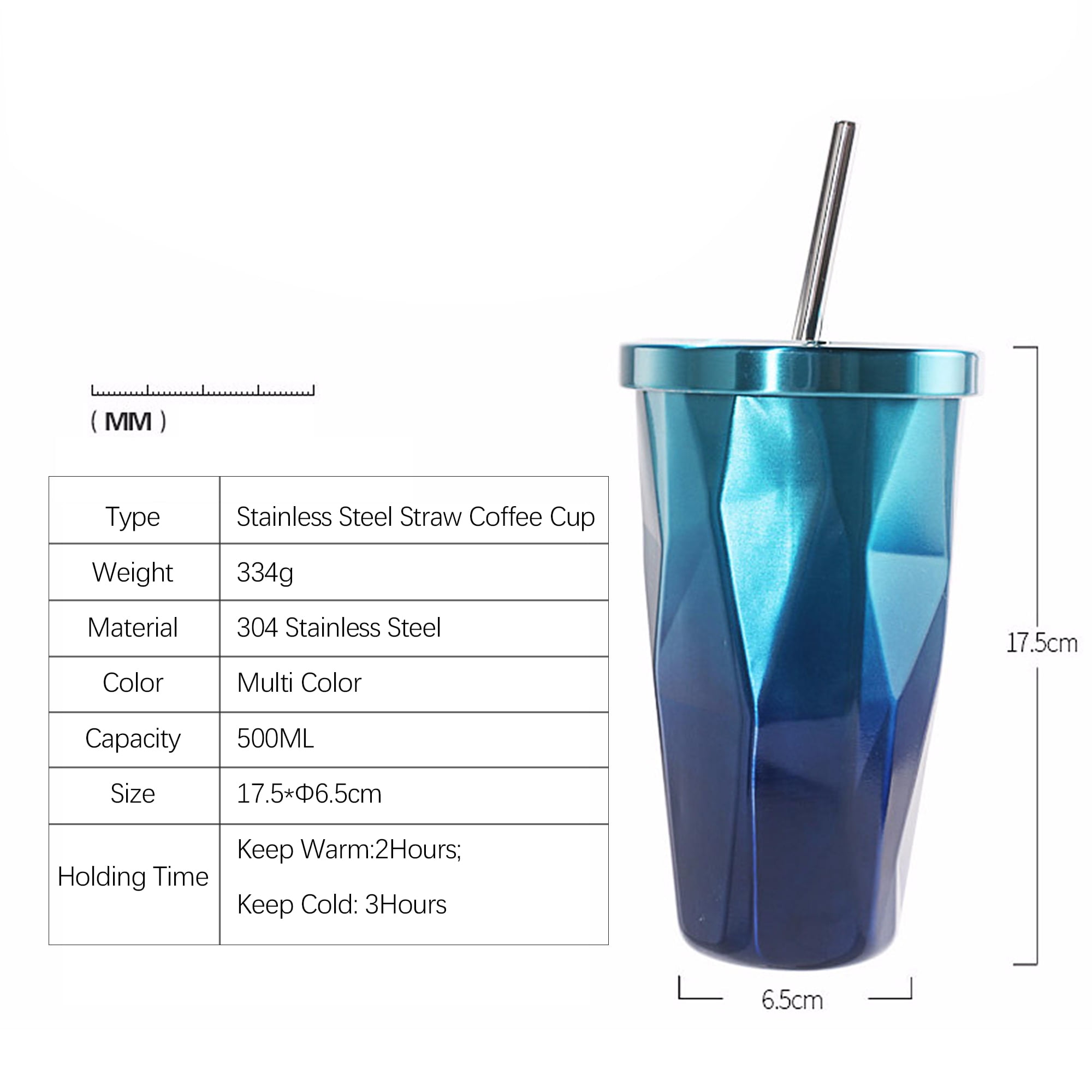 500ML Double Walled Tumbler Cup w//Straws Stainless Steel Water Bottle Vacuum Mug