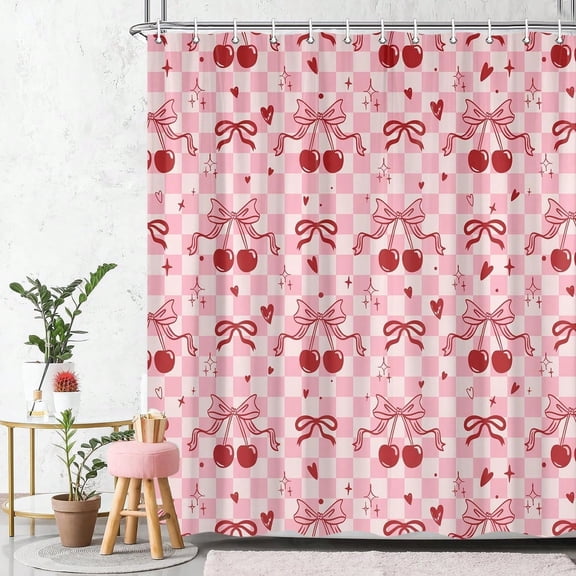 Bow Cherry Shower Curtain Pink Bathroom Shower Curtain Valentines Day Shower Curtain Cute Romantic Bathtub Decor with Hooks, Gifts For Christmas/Birthday/Holiday/House Warming/Valentine Day