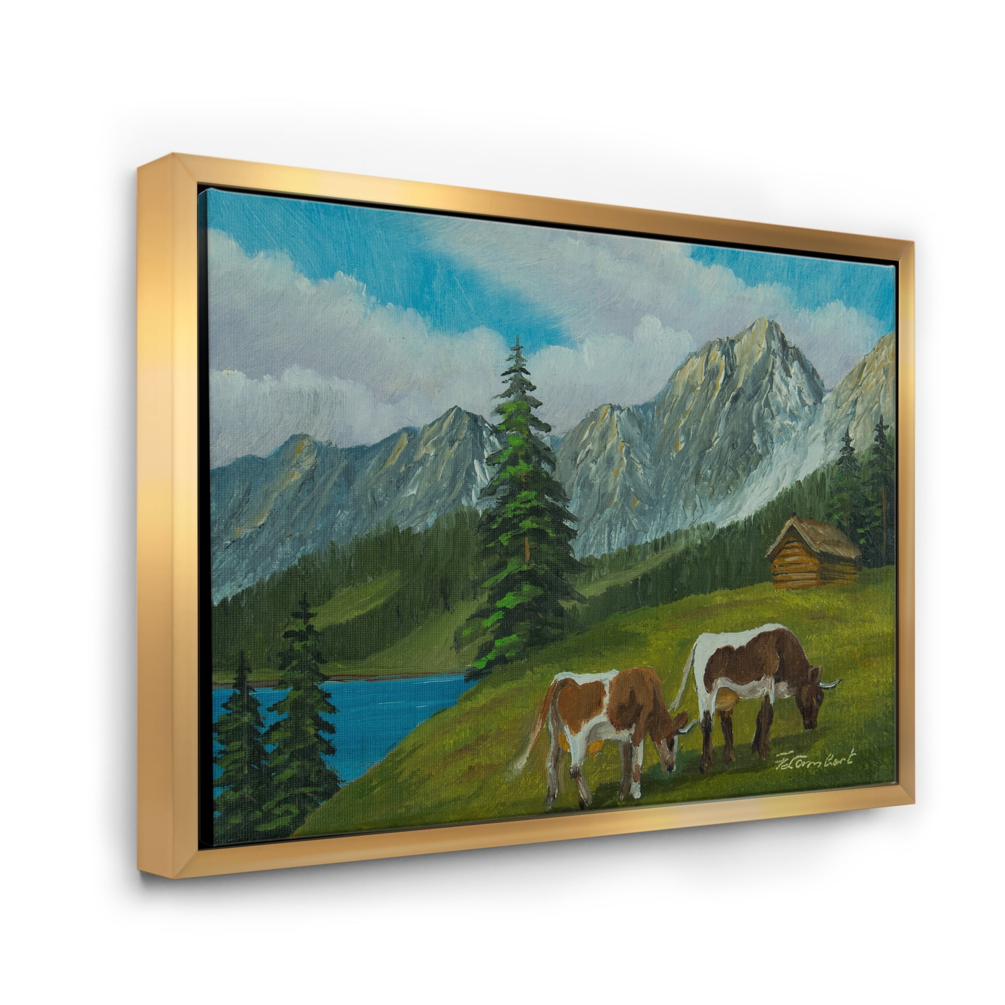 Designart 'Cows On A Green Meadow With Mountain Landscape With ' Farmhouse Framed Canvas Wall Art Print