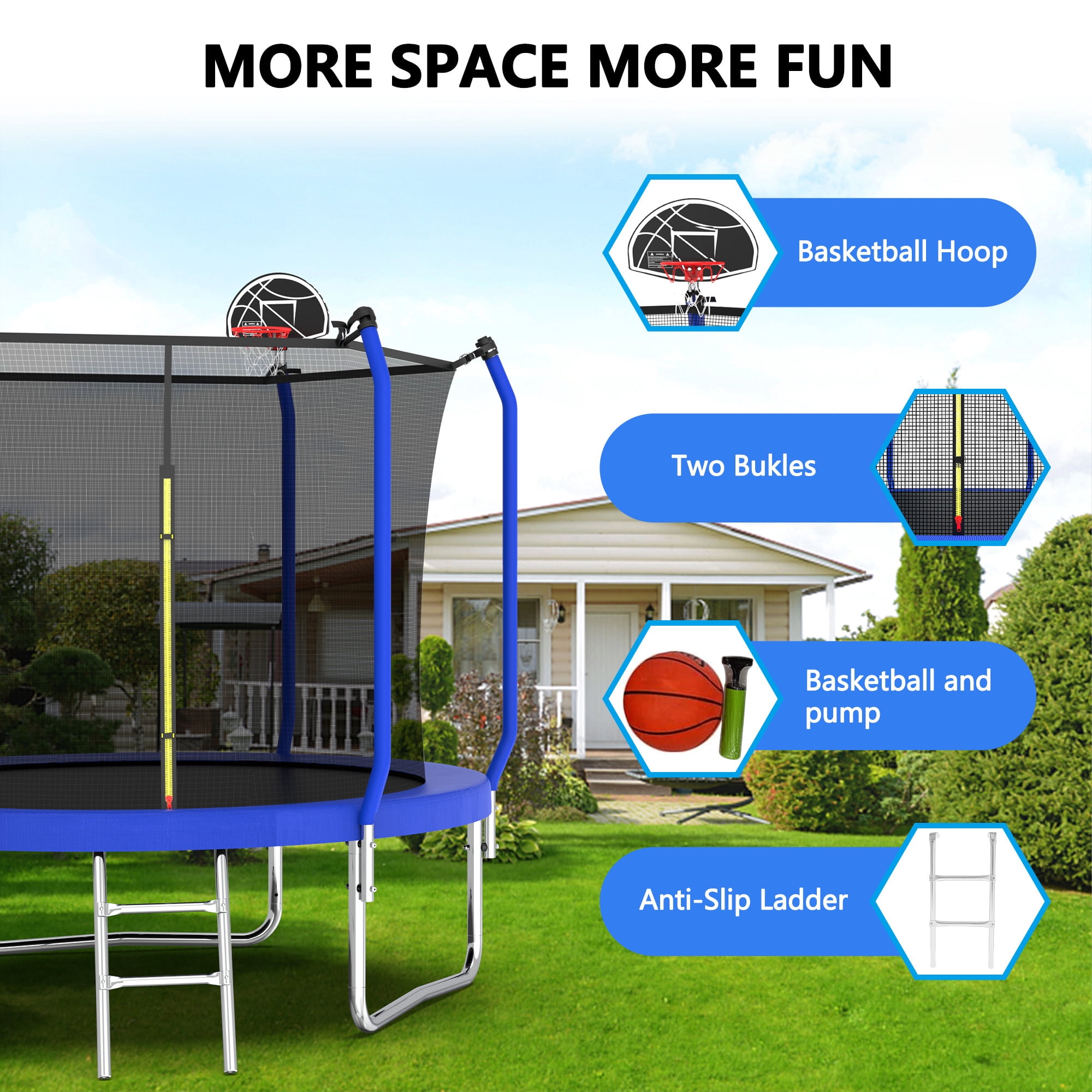 Alvantor Upgrade Kids Trampoline 8Ft Round Trampolines with Basketball Hoop & Enclosure Net, Age 3-10 Blue