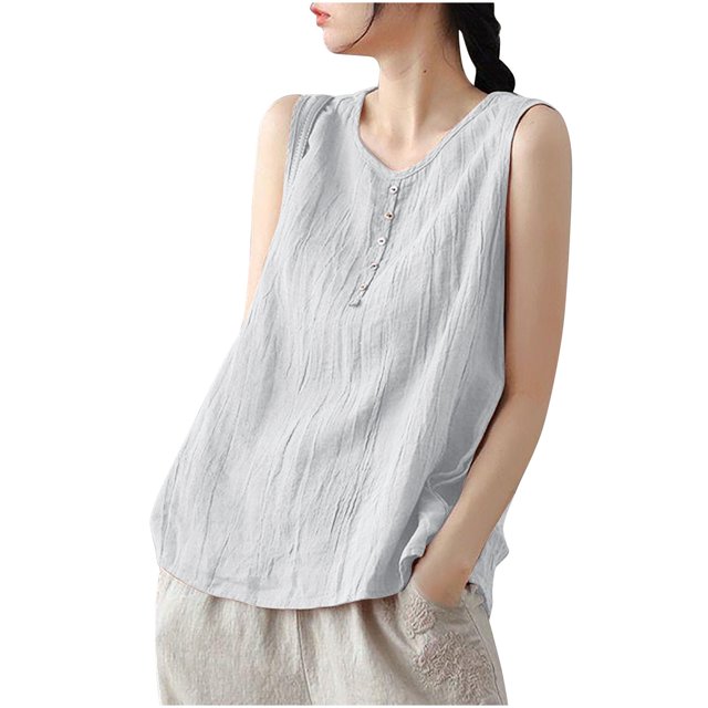 Plebaso Débardeurs en Coton et Lin pour Femmes Col Rond Sans Manches Chemises Décontractées Légères Blouses pour Femmes