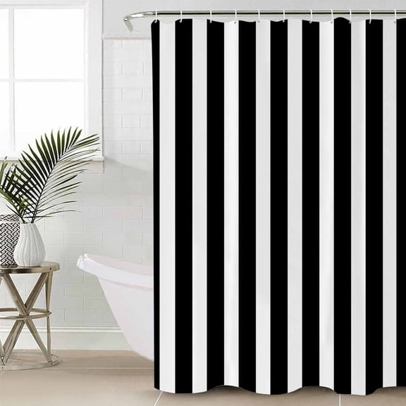 Black Striped Standard Shower Curtain Set, Waterproof Shower Curtains for Bathroom, Modern Farmhouse Black and White Stripes Washable Fabric Cloth Bath Curtain for Bathtub with Hooks 72x72 Inches