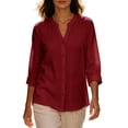 thumbnail image 5 of Perfectbot Women's Collarless Button Down Shirt, 3/4 Sleeve Cotton Linen Tunic Blouse with Curved Hem, 5 of 8