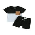 thumbnail image 1 of Toddler Boys Summer Outfit Sets Short Sleeve Contrast Color Tops + Baby Boys Solid Color Drawstring Shorts Set Black 0-6 Months, 1 of 8
