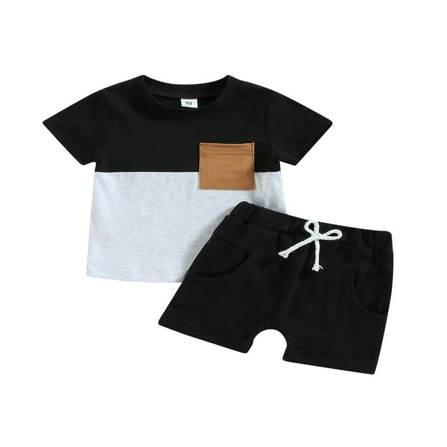 Toddler Boys Summer Outfit Sets Short Sleeve Contrast Color Tops + Baby Boys Solid Color Drawstring Shorts Set Black 0-6 Months