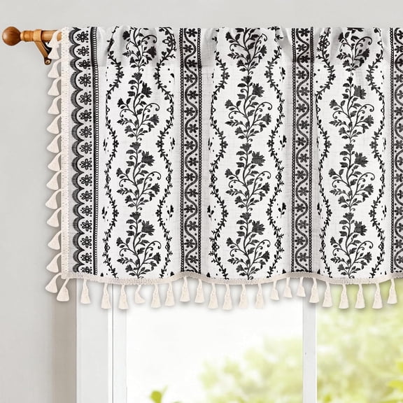 Boho Valance Curtains Vintage Linen Kitchen Valances for Windows Light Filtering Bohemian Floral Valance Rod Pocket Tassel Window Valances for Bathroom Cafe, 52" W X 18" L, White Black