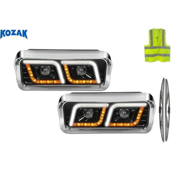 KOZAK Compatible with 357 365 378 379 LED DRL DUAL Black Projector Headlights Set