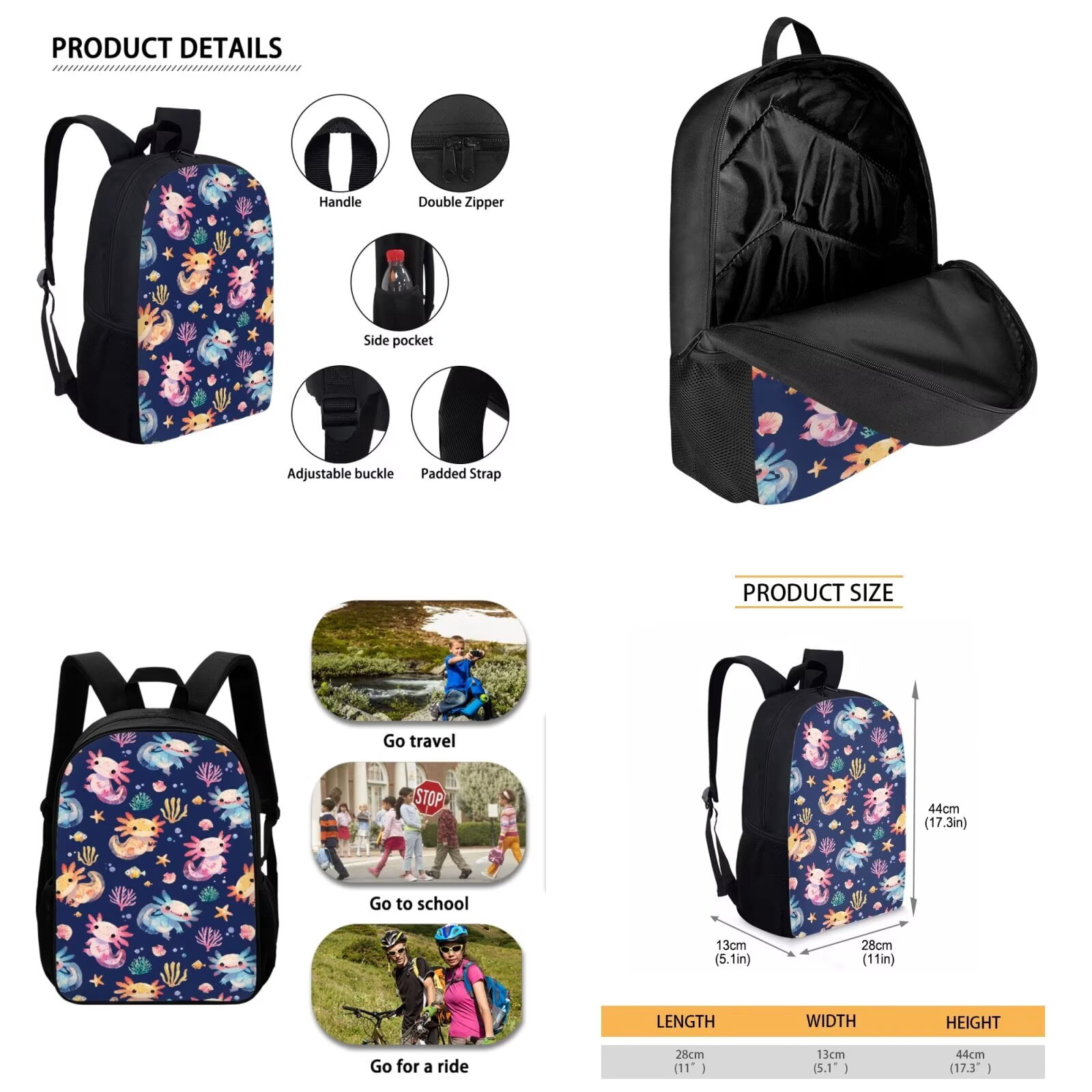 Binienty Axolotl Backpack Student Bookbag for Girls Boys Elementary School 3 Piece Kids Casual Travel Backpack with Lunchbox Pencil Case