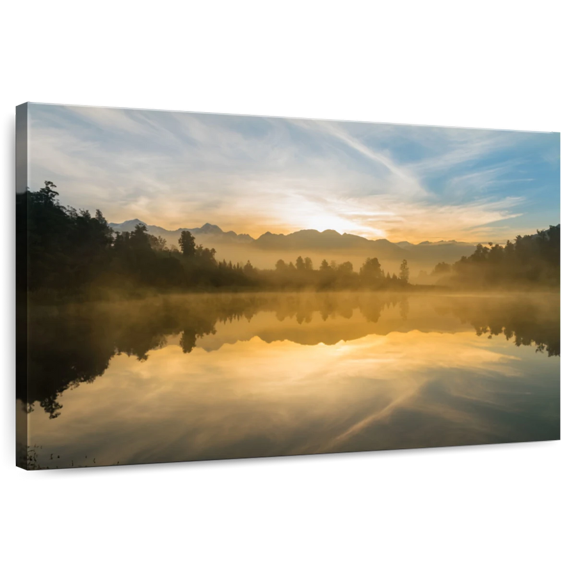 Elephant Stock Lake Matheson Sunset View Wall Art - Horizontal Canvas Wall Art - Living Room Wall Decor - Nature Canvas - Blue And Black Decor - 12" x 8"