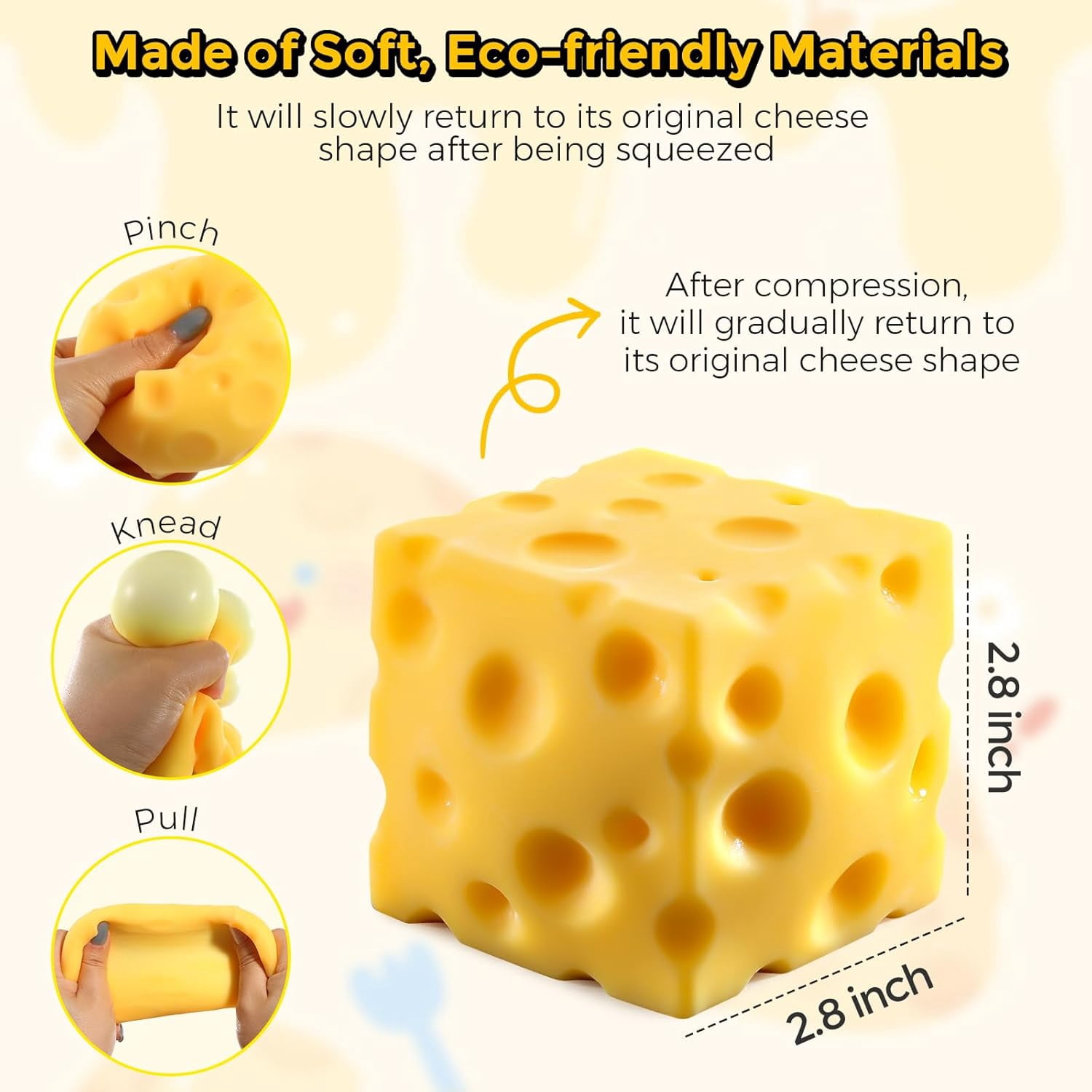 Cheese Squishy (7cm),Cheese Block Squeeze Toys,Squishies Stress Relief Fidget Toys,Stocking Stuffer Novelty Gifts for Birthday (2.8 inch)