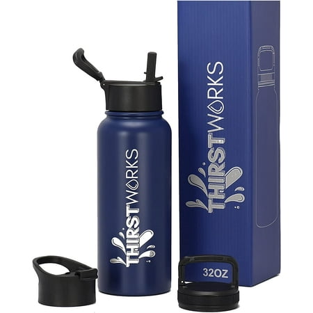

THIRSTWORKS Vacuum Insulated Stainless Steel Leak Proof Sports Water Bottle with Straw and 3 Lids 32 fl oz Blue