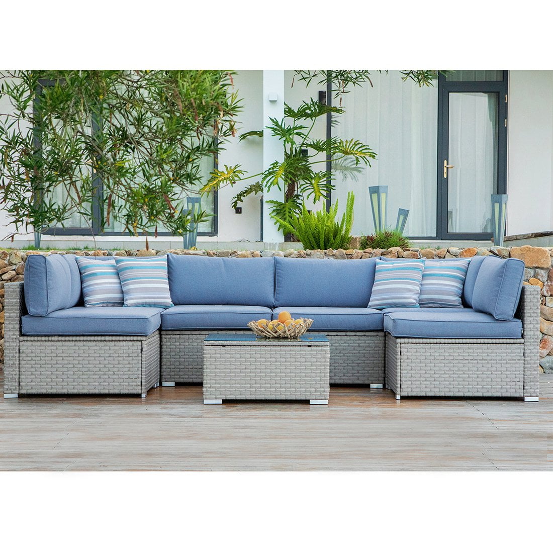 COSIEST 7Piece 6Seaters Outdoor Furniture Set Gray Wicker Sectional
