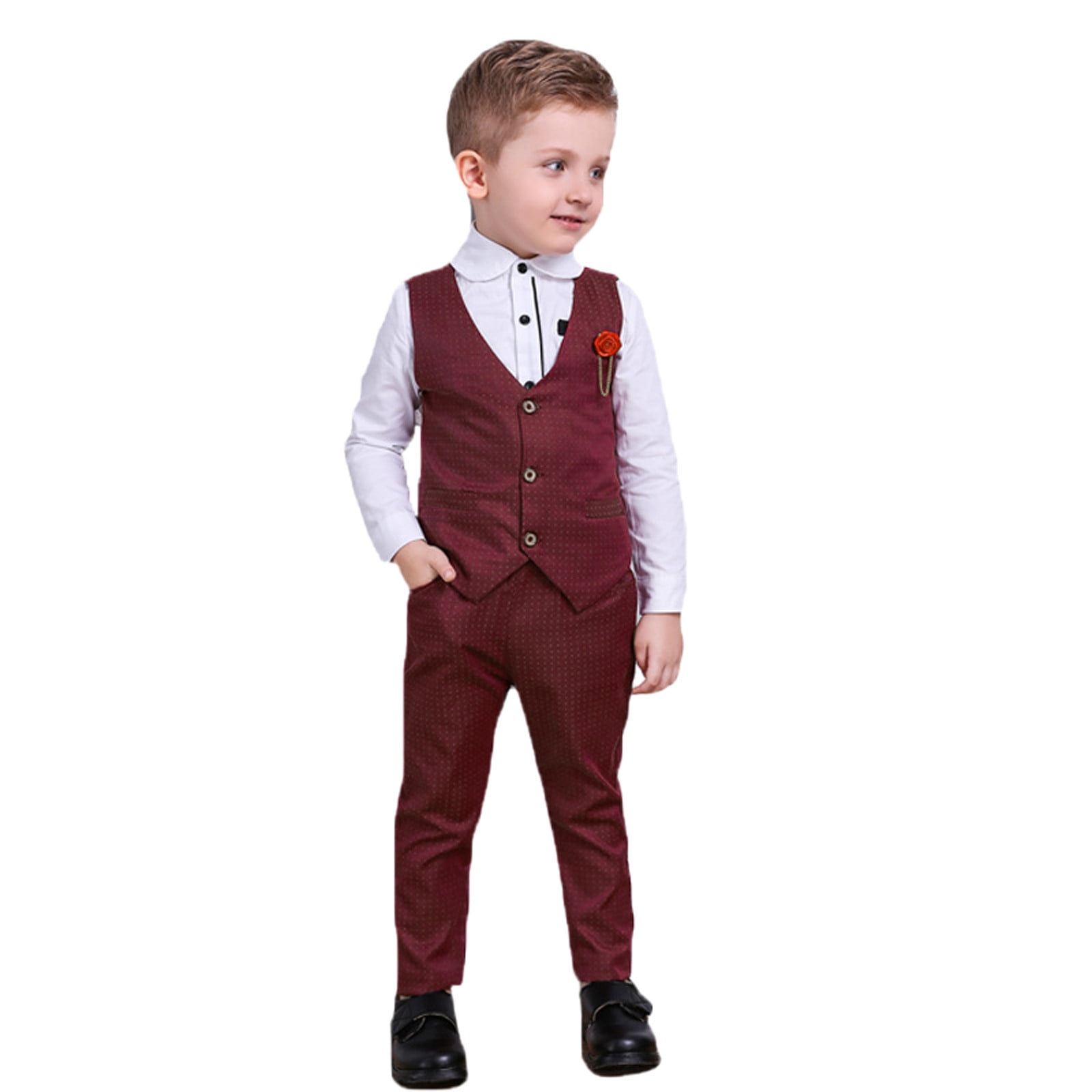 Boy Suit Collared Dress Shirt with Bowtie Vest Pants 4 Pieces Gentleman Outfit Set Baptism Dress for Boys 5-6 Years