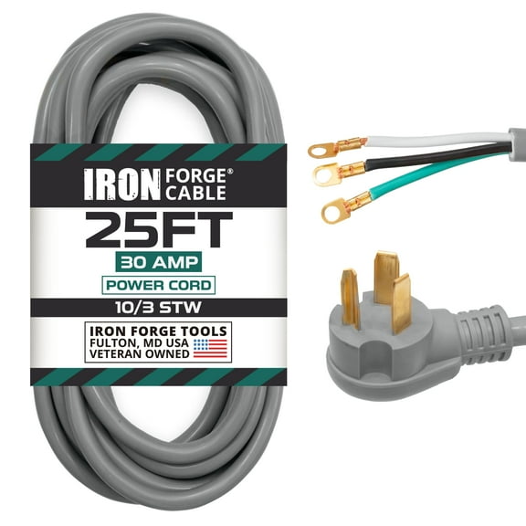 Iron Forge Cable 3 Prong Dryer Extension Cord 25 Ft, 125V/250V Cord NEMA 10-30 Plug SRDT, 10/3 Dryer Cable Flat Head, 30 Amp 3 Wire 25 Foot - Gray
