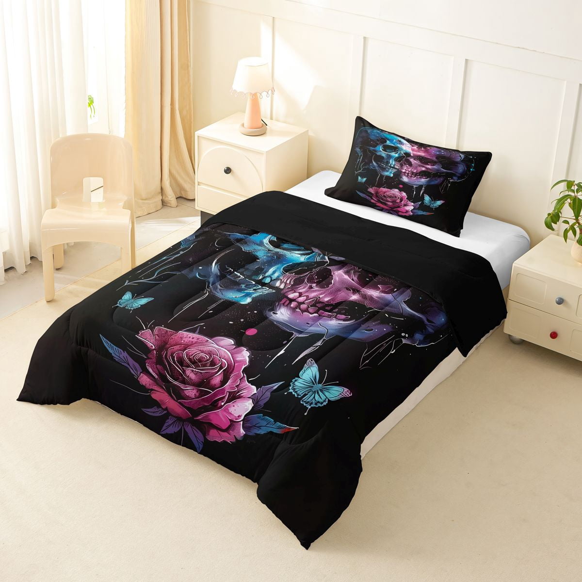 Erosebridal Teens Pink Rose Sugar Skull Twin Comforter Sets 3-Piece,Gothic Flowers Butterflies Bedding Set for Boys Girls,Black Reversible,Breathable Home Decor