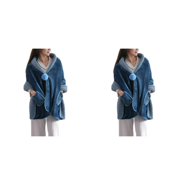 Transemion Stay Warm And Comfortable With Soft Fleece Button Bed Jacket Versatile Poncho Blanket For Women blue 2Set
