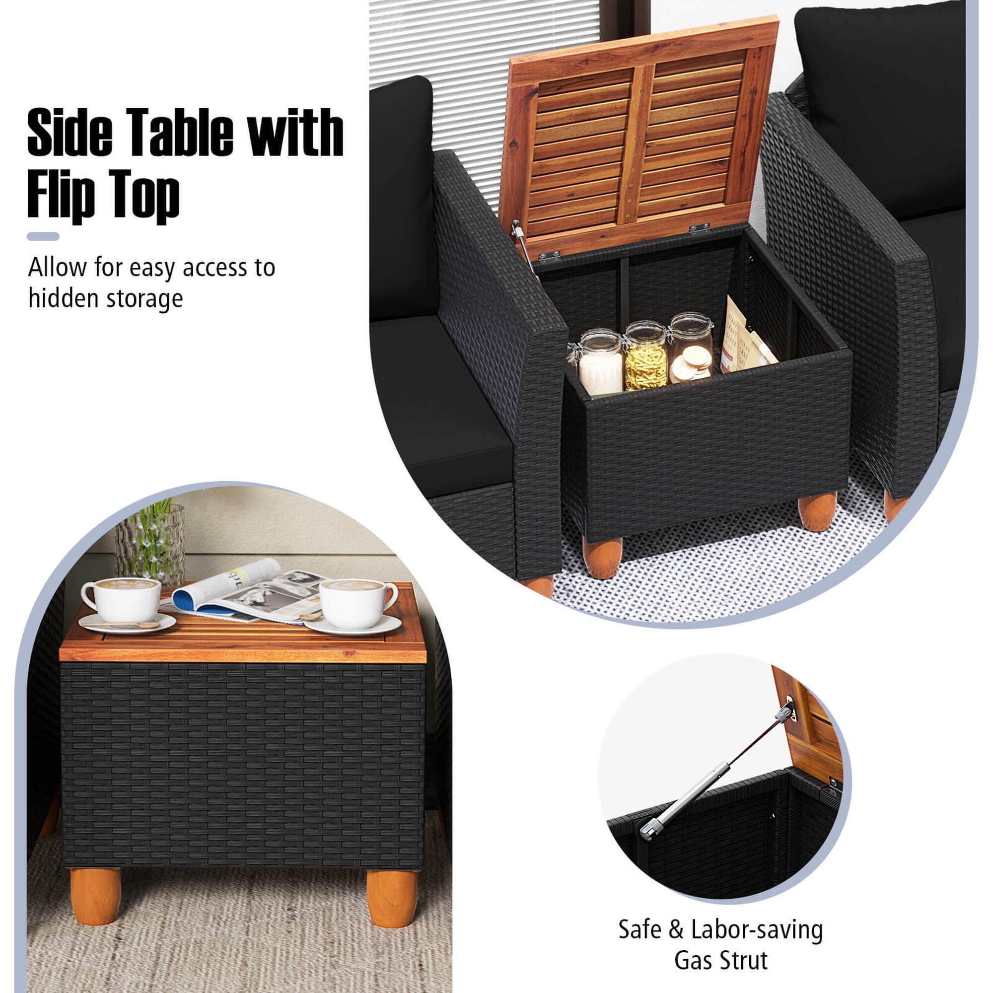 Costway 3PCS Outdoor Patio Rattan Furniture Set Wooden Table Top Cushioned Sofa Black