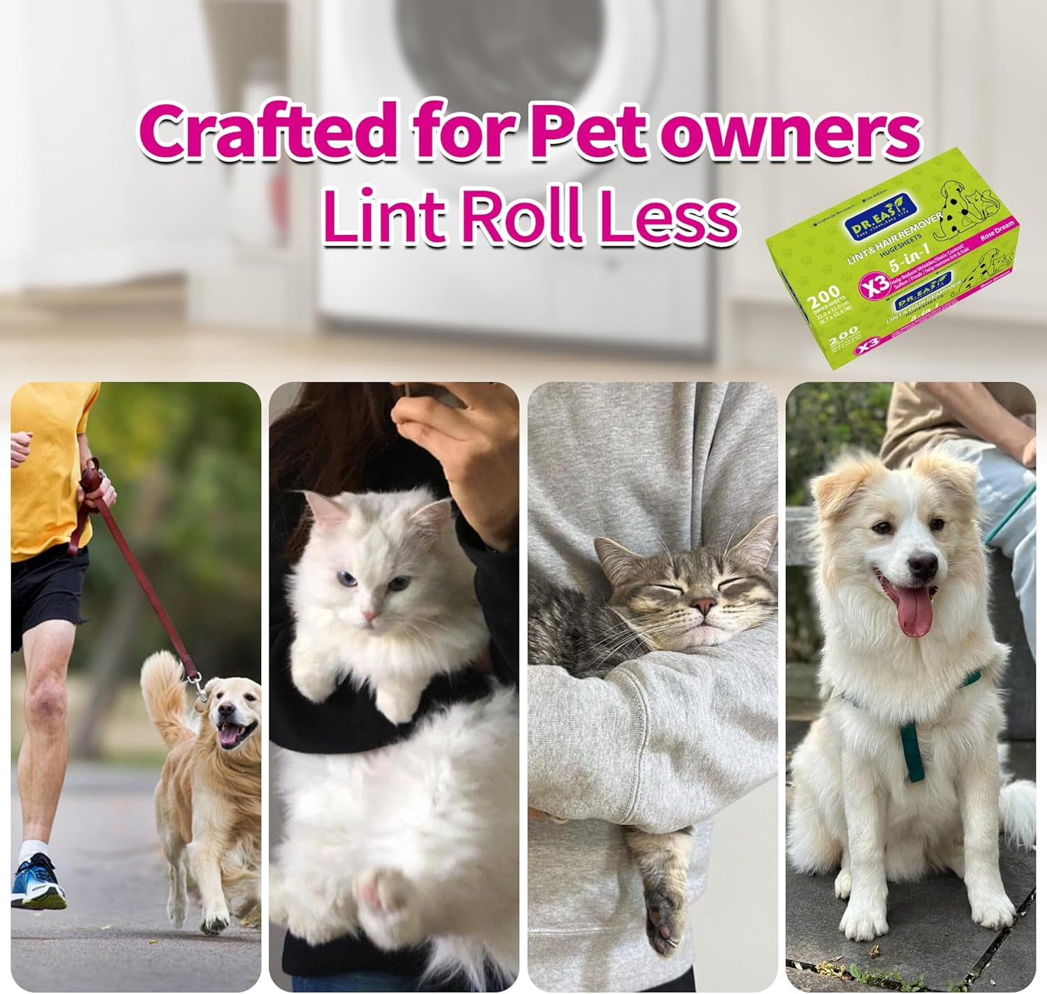 r.Easy LINT & HAIR REMOVER Pet HUGESHEETS with 3X , Rose Dream, 200 Count,PLANT&MINERAL-BASED FORMULA