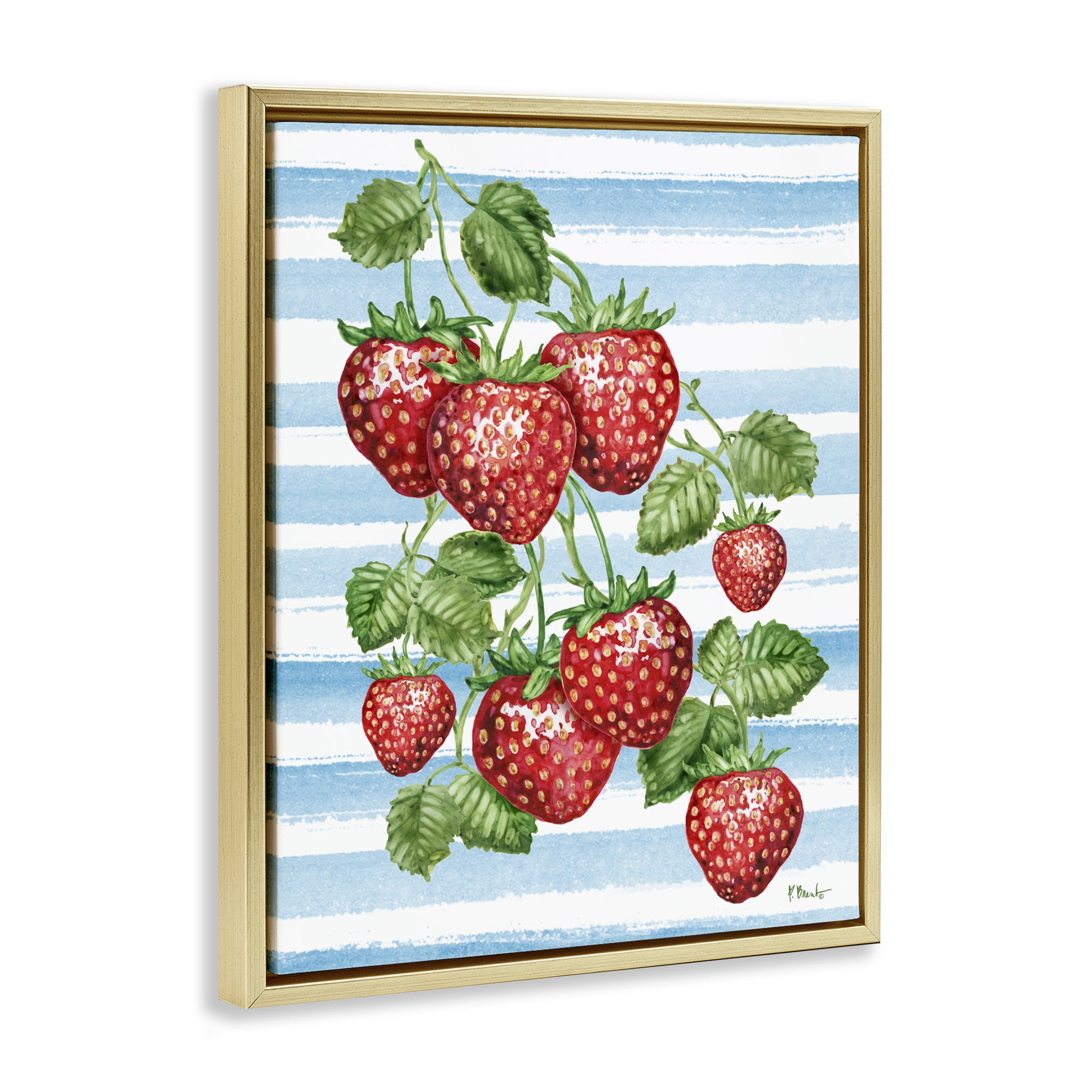 Stupell Industries Juicy Strawberry Vine on Stripes Gold Framed Floater Canvas Wall Art, design by Paul Brent