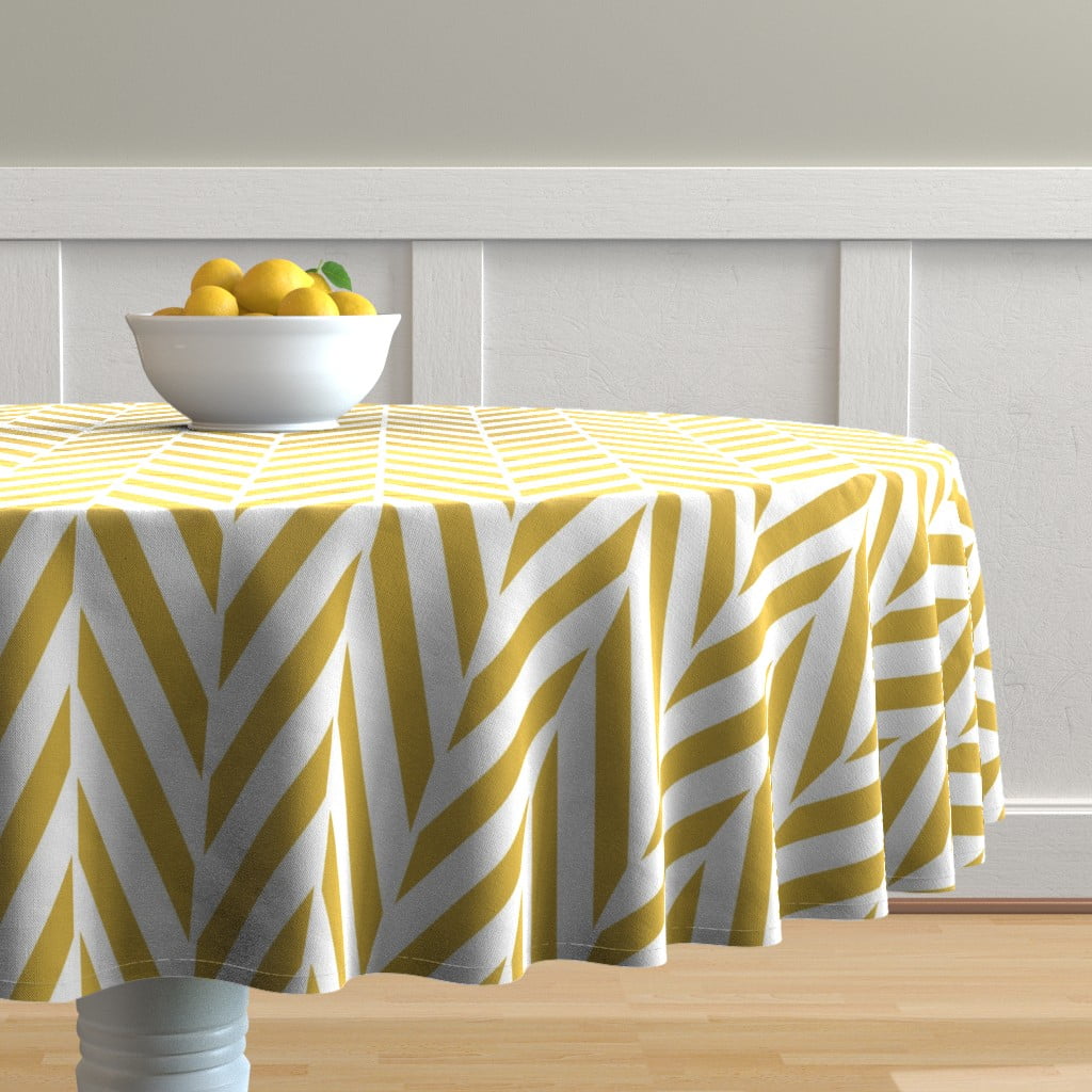 Round Tablecloth Mustard Chevron Yellow Stripe Gold Herringbone Cotton