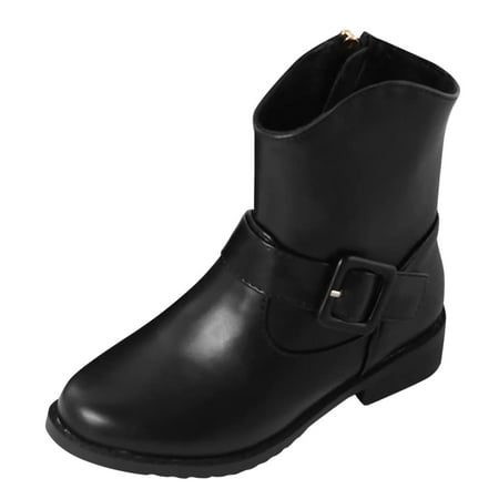 

LBECLEY 1 Yr Old Girl Shoes Girls Buckle Decor Side Zipper Western Boots Kids Ankle Boots Girls Low Heel Riding Booties with Zipper Girls Tan Boots Black 27