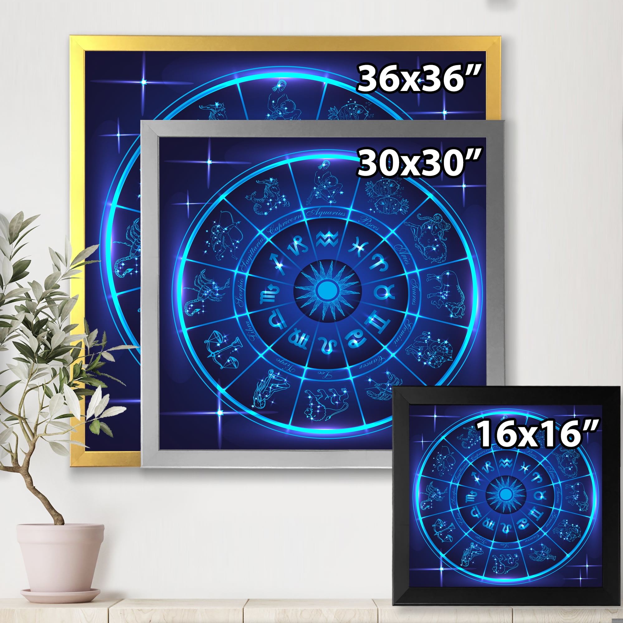 Designart 'Zodiac Signs With Neon Deep Blue Horoscope Circle' Modern Framed Art Print