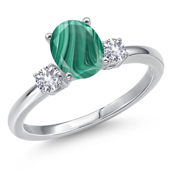 Gem Stone King 14K White Gold Green Malachite and White Created Sapphire Engagement Ring for Women | 2.26 Cttw | Oval 8X6MM | Gemstone Birthstone | Size 8