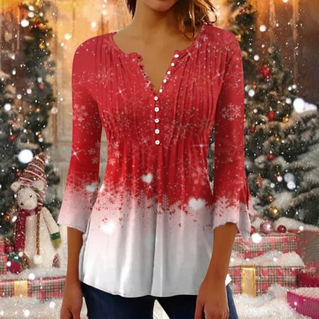 

2023 Womens Tops Casual Trumpet 3/4 Sleeve Christmas Printed Buttoned Basic Ruched Corset Tunic Tops Pleated T-shirts Blouses Up to 65% Off