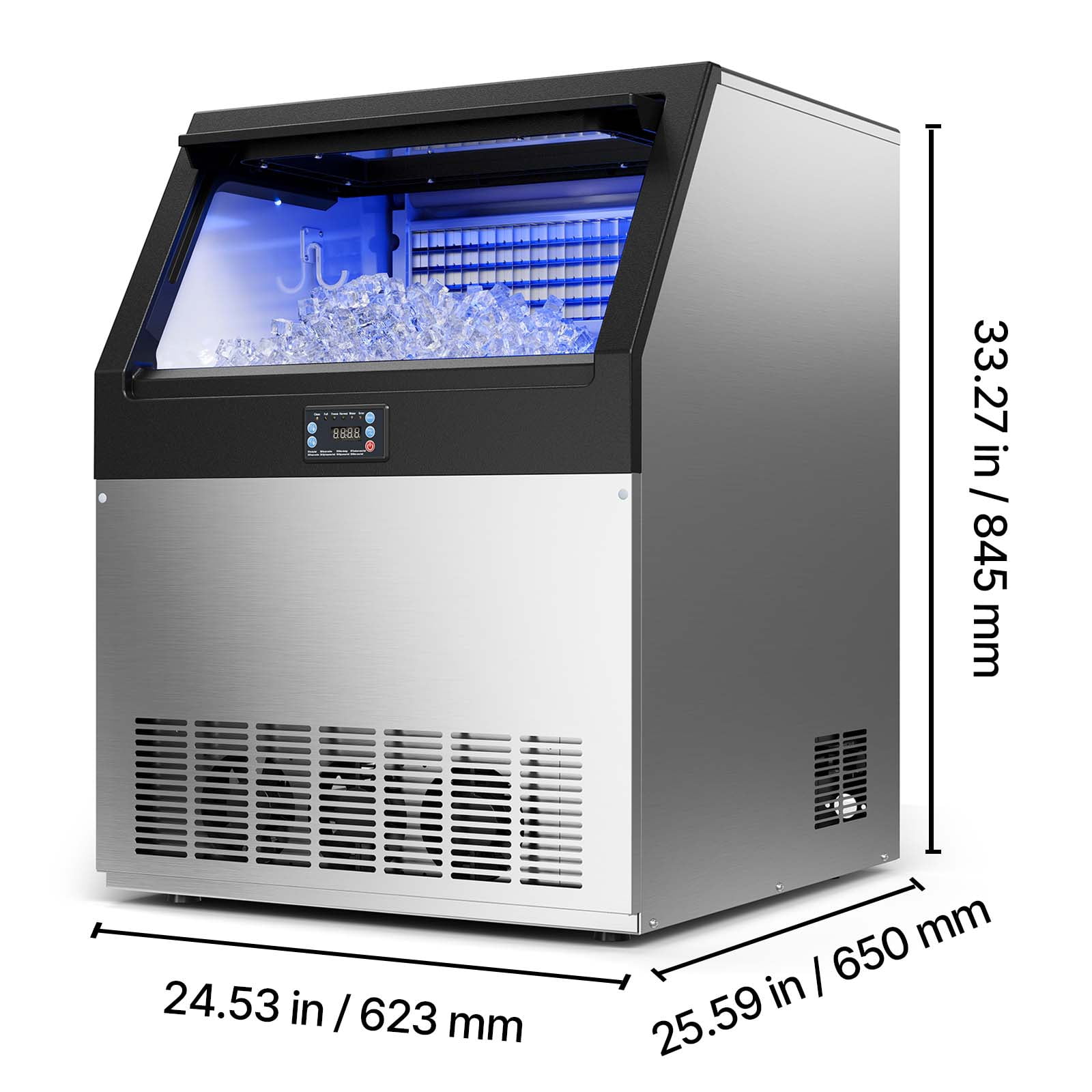 KFFKFF Commercial Ice Maker Machine, 265lbs/24h, 85lbs Storage, Built-in/Freestanding Stainless Steel Ice Maker with LED Display & Self-Cleaning for Home, Bar, Restaurant