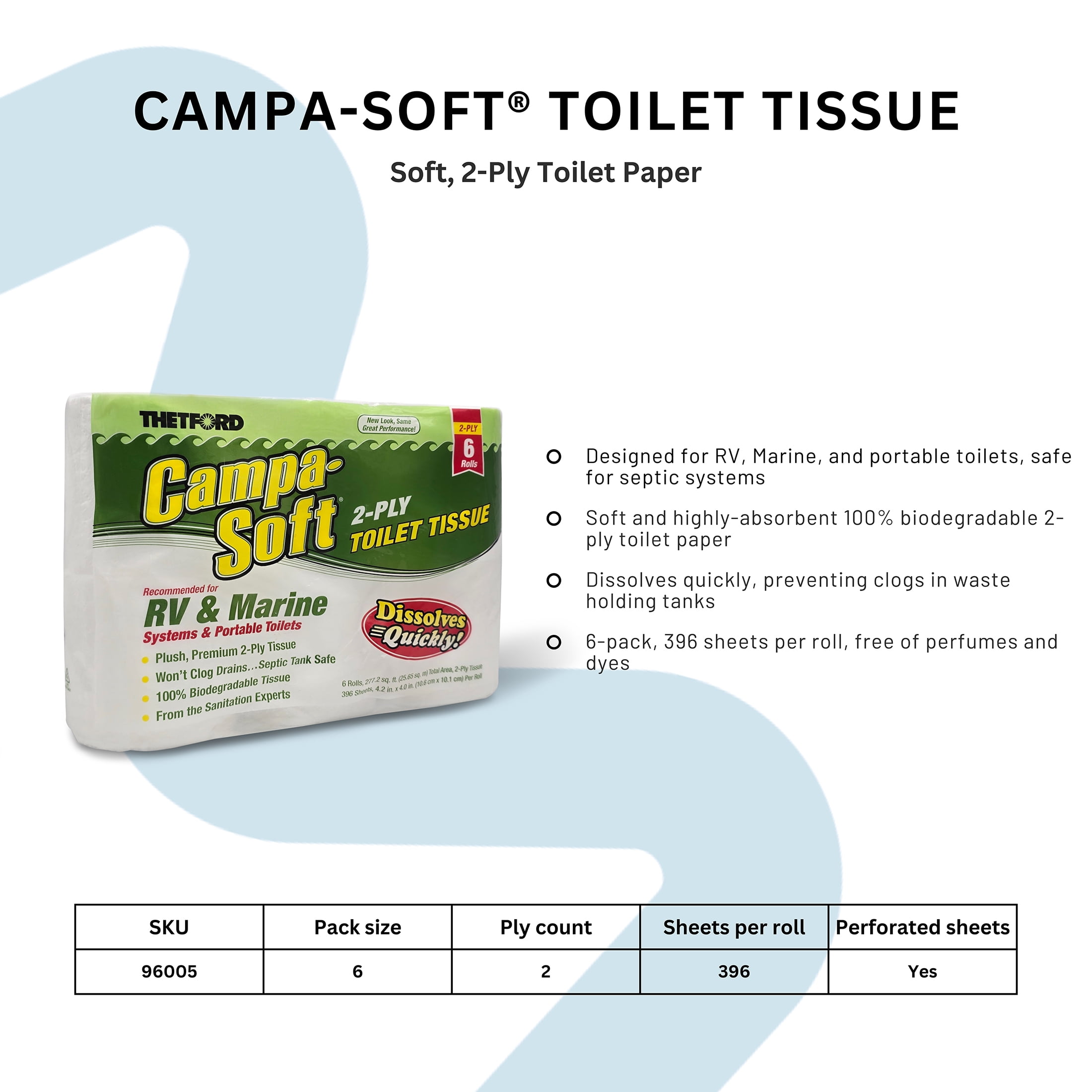 Thetford Campa-Soft RV & Marine Toilet Paper, 6 Rolls, 96005