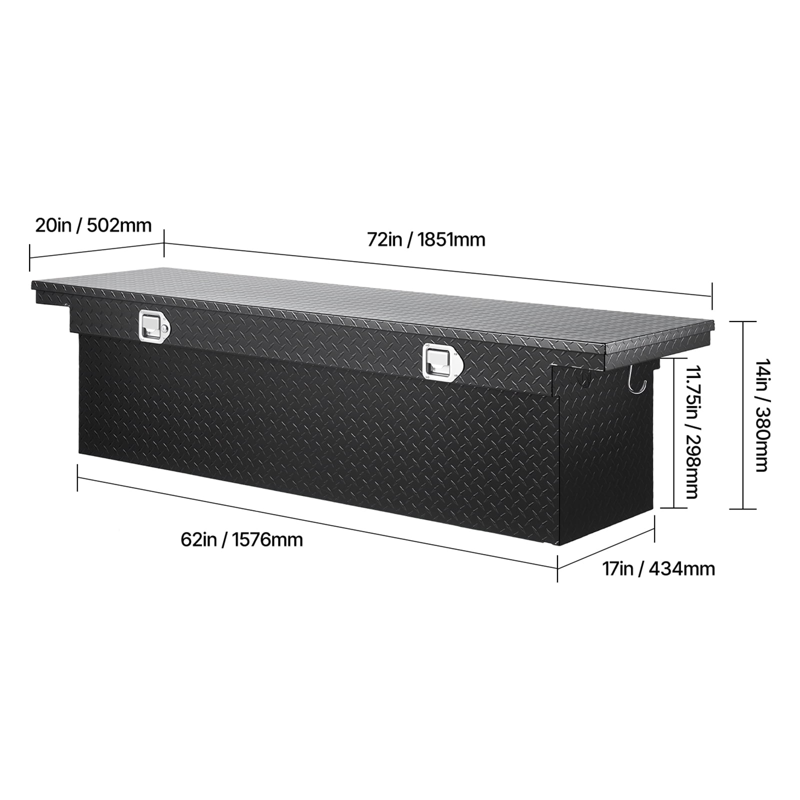 VEVOR Crossover Truck Tool Box, 72x20x14 In, Heavy Duty Aluminum Toolbox with Diamond Texture, Pick Up Truck Bed RV Trailer Toolbox, Waterproof Storage Organizer with Lock, Keys, Side Handles, Black