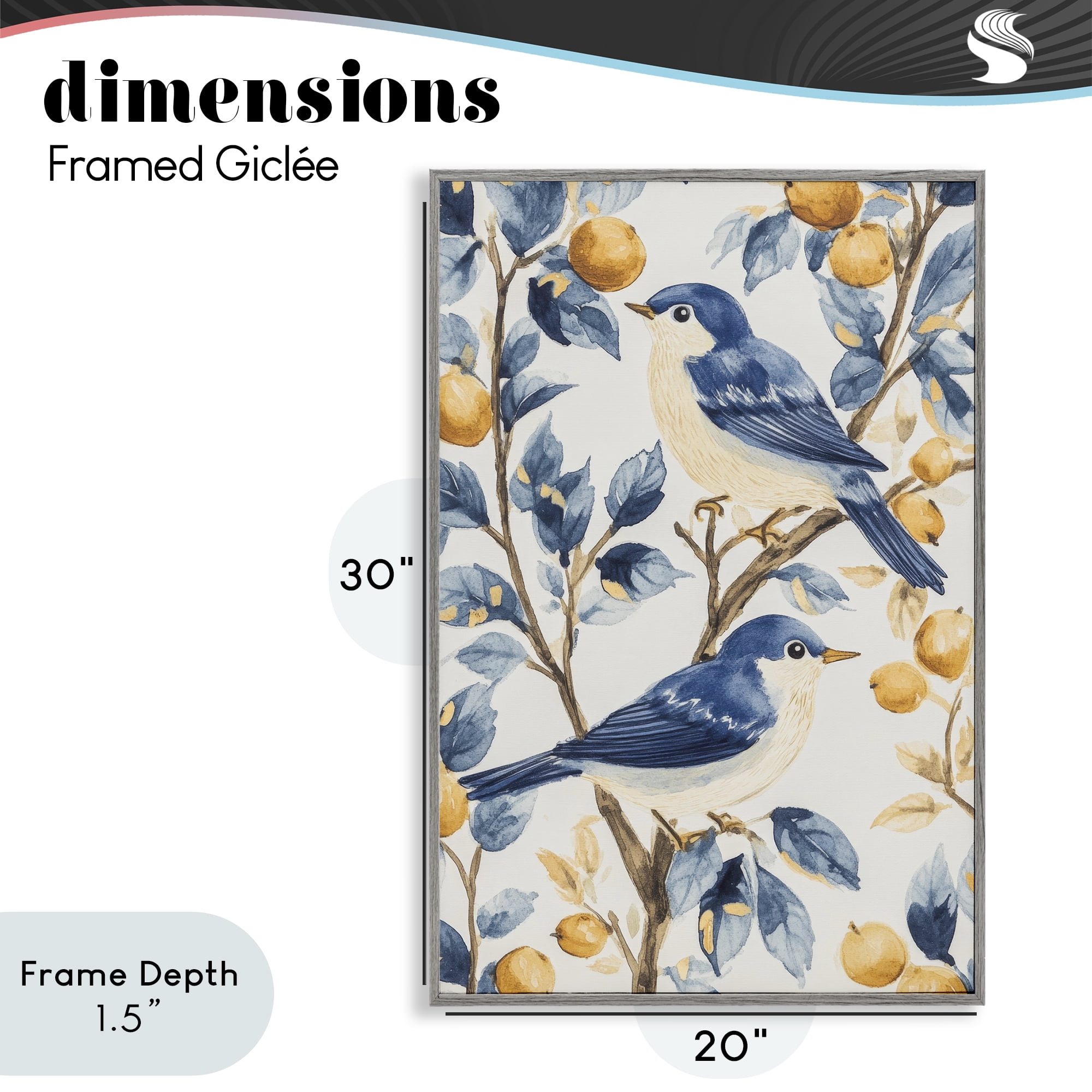 Stupell Industries Sweet Blue Birds on Lemon Branch Gray Framed Giclee Art, design by Petal Prints Design